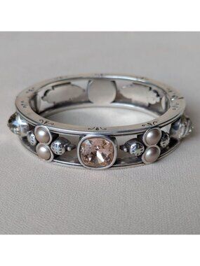 BRIGHTON Selene Silver Tone Crystals and Faux Pearl Oval Hinged Bracelet